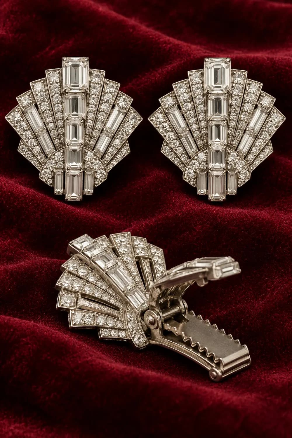 Matching 1930s-style crystal dress clips with an open toothed clip mechanism