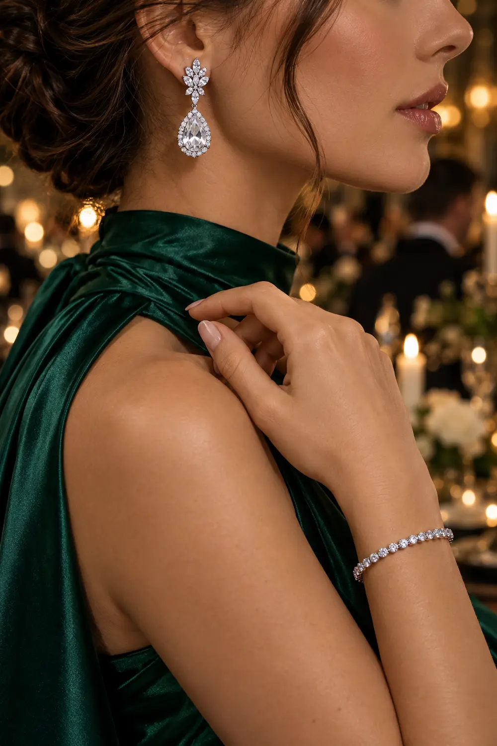 Crystal drop earring and tennis bracelet styled with a deep emerald black-tie gown