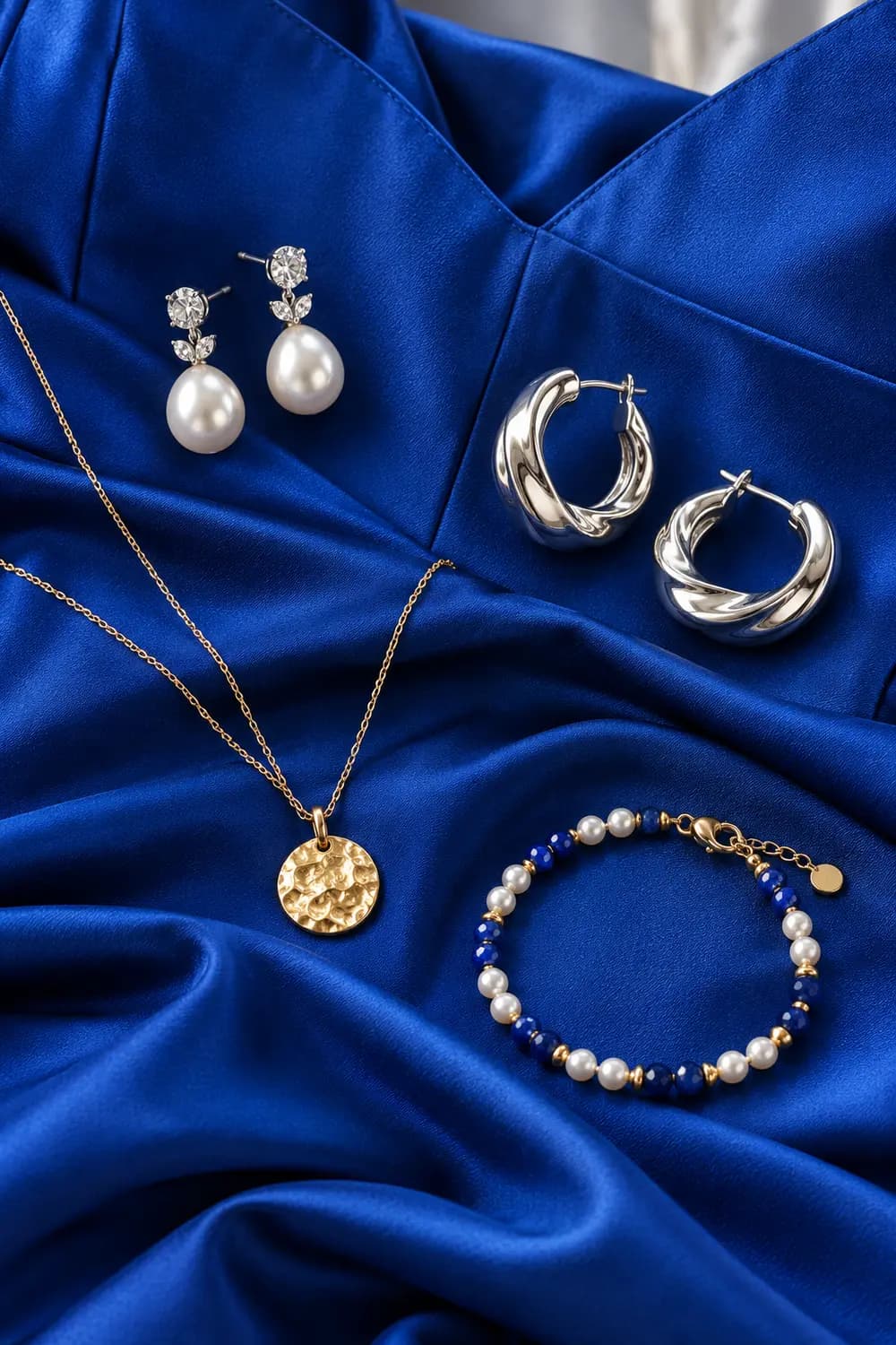 Pearl drops, silver hoops, a gold pendant and blue beaded bracelet on cobalt satin