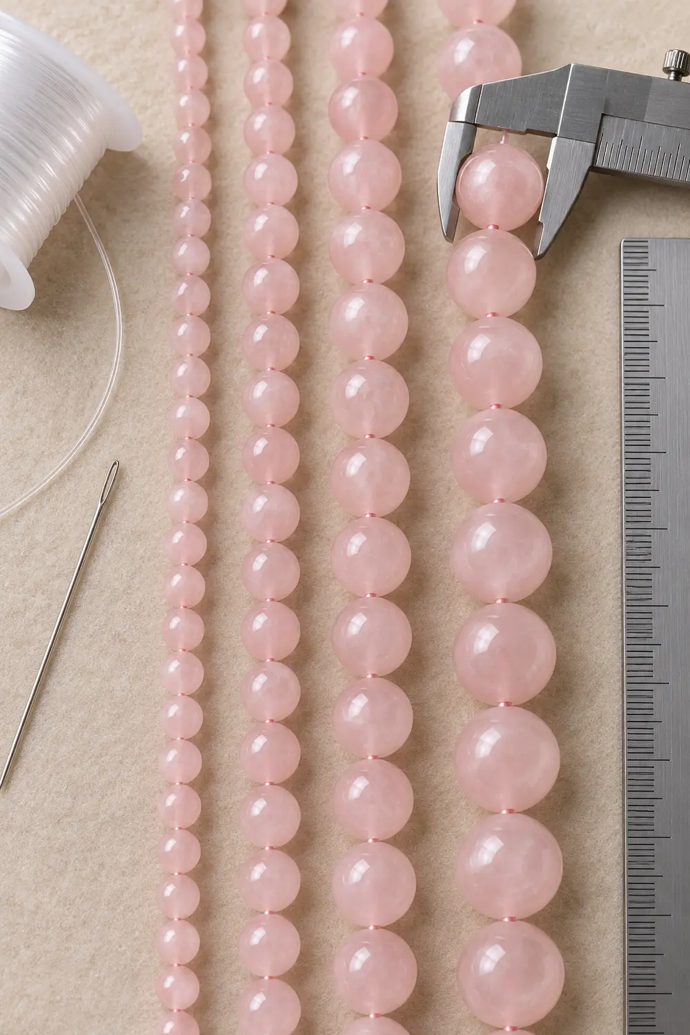 Four strands of rose quartz beads increasing from 4mm to 10mm beside a caliper