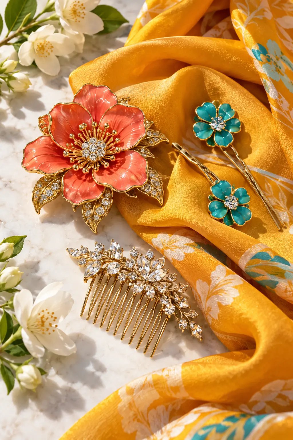 Coral brooch, turquoise hair pins and gold comb on saffron silk
