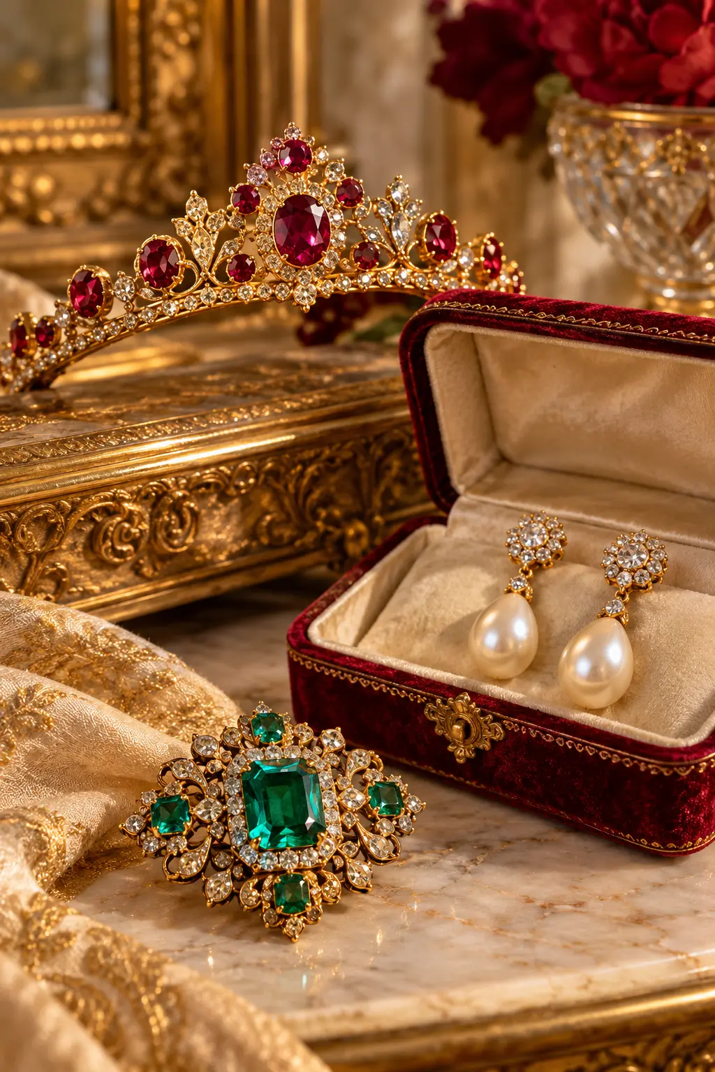 Ruby tiara, emerald brooch and pearl earrings in a vintage setting