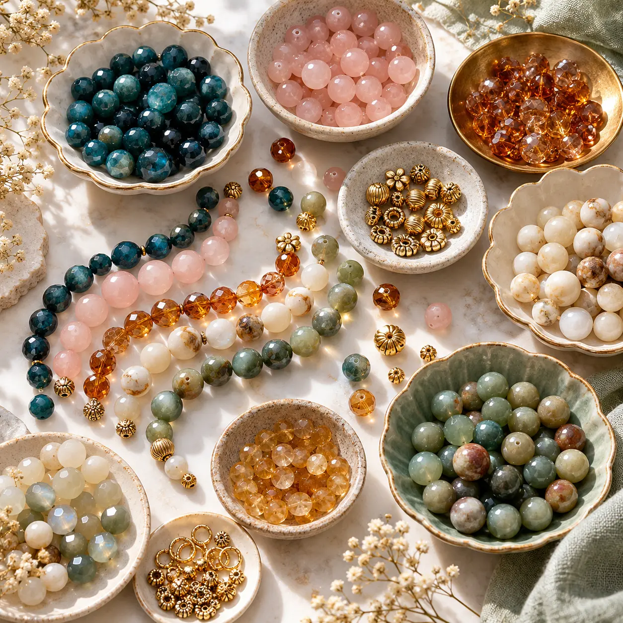 Small bowls of beads arranged by colour