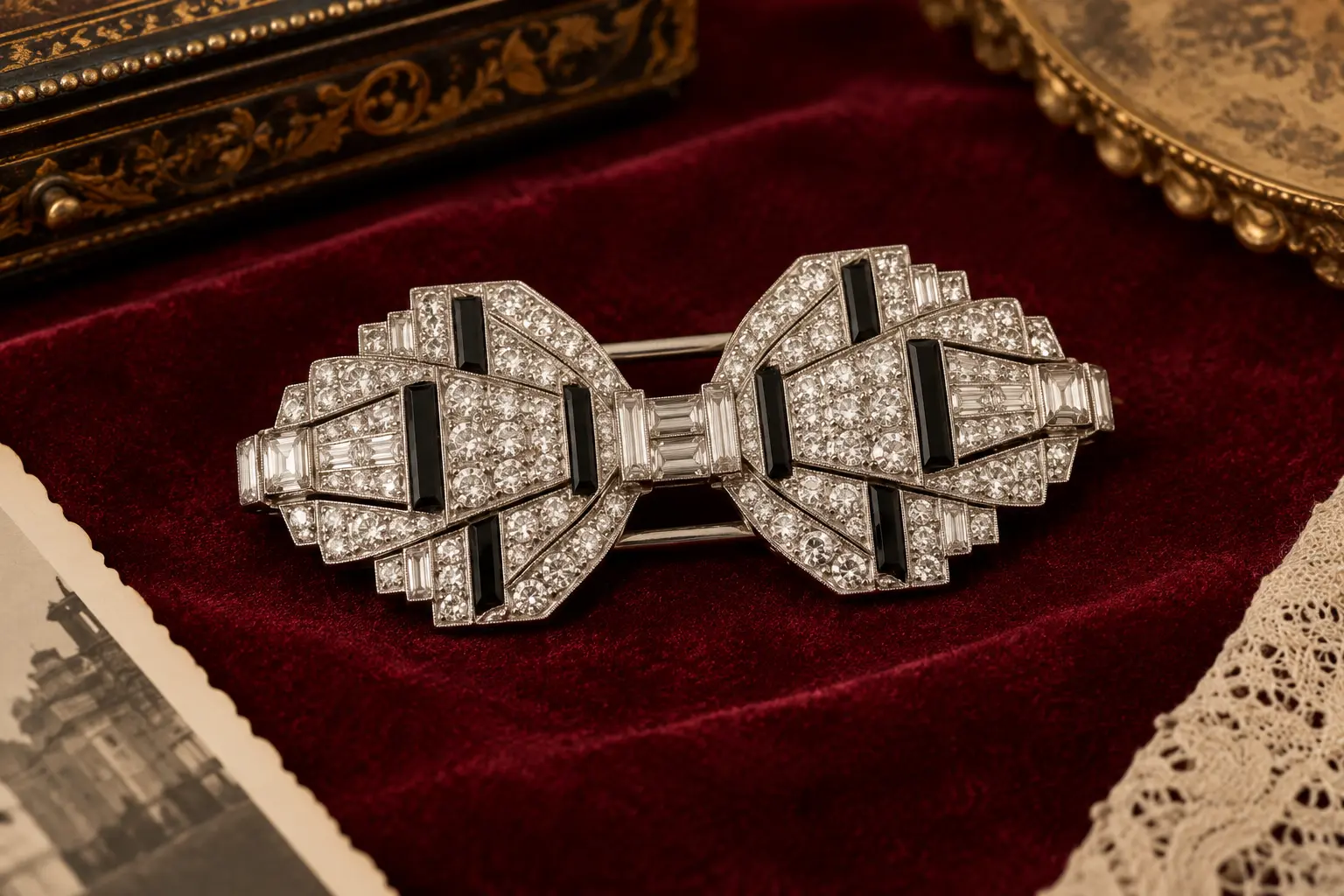 Pair of period-inspired 1930s dress clips displayed together as a brooch
