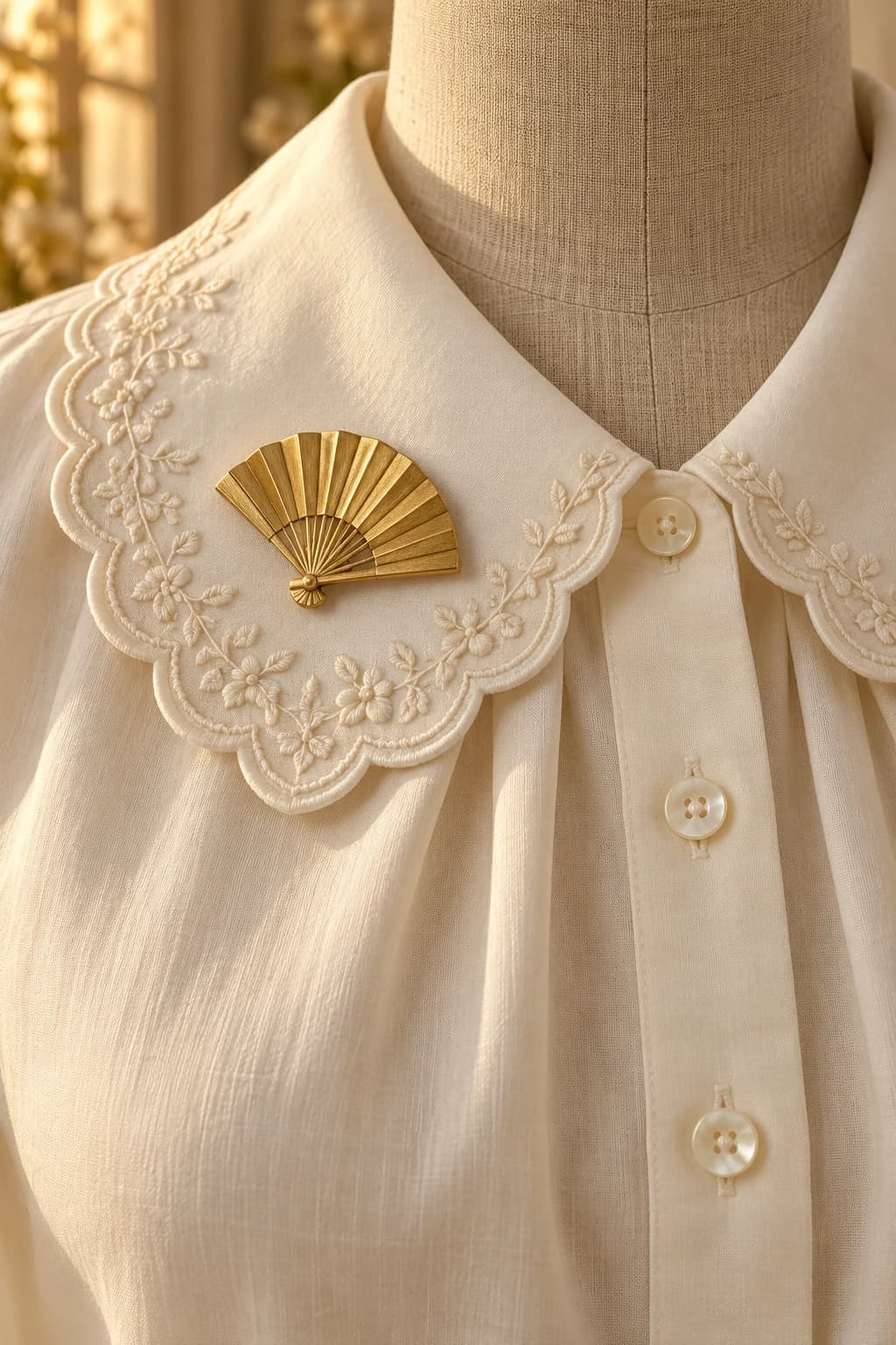 Gold fan brooch on the scalloped embroidered collar of an ivory cotton blouse