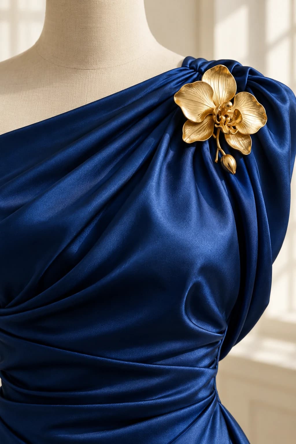 Gold orchid brooch worn high on the left shoulder of a sapphire-blue silk blouse