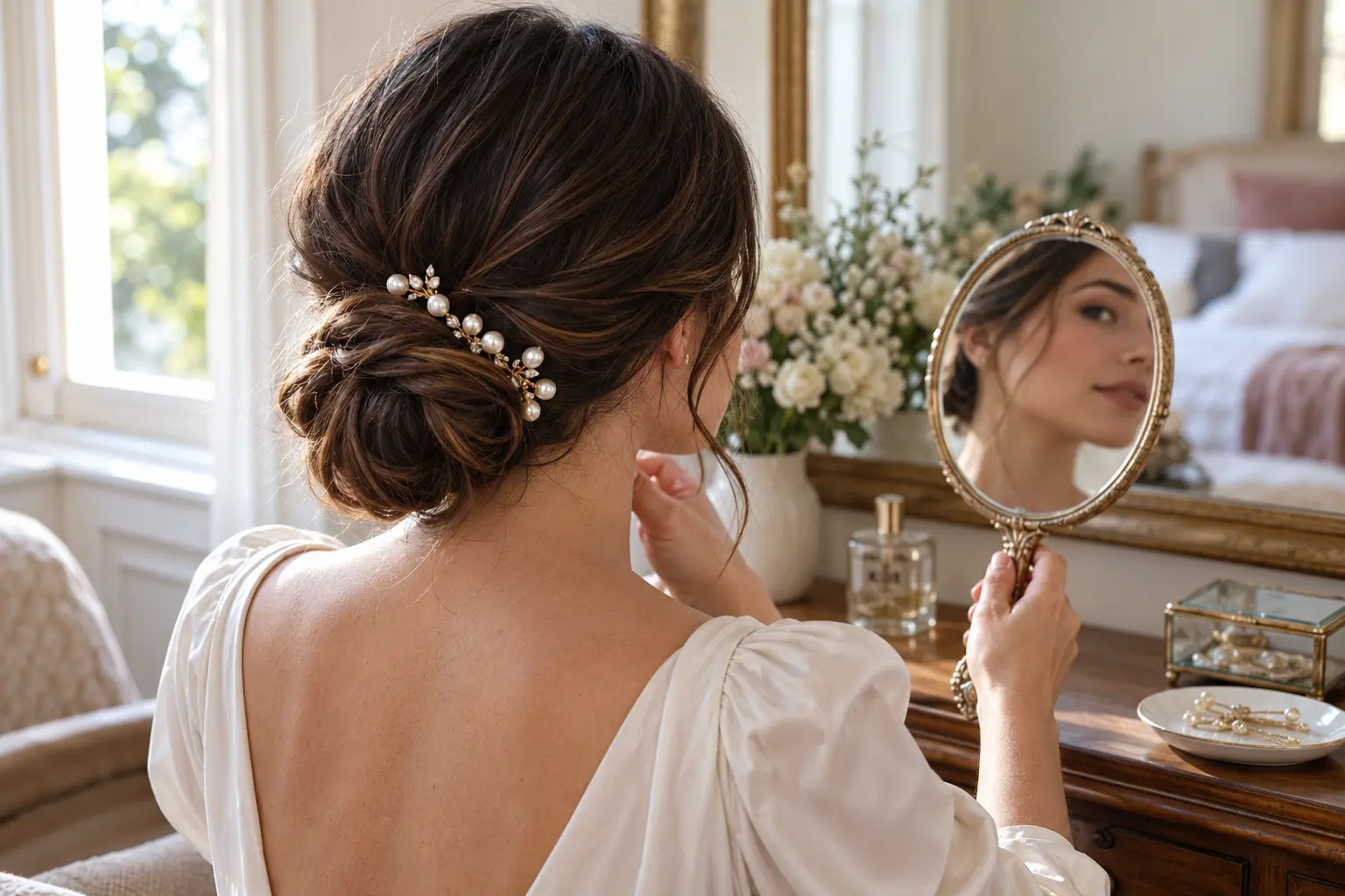Low bun decorated with a curved arrangement of pearl hair pins