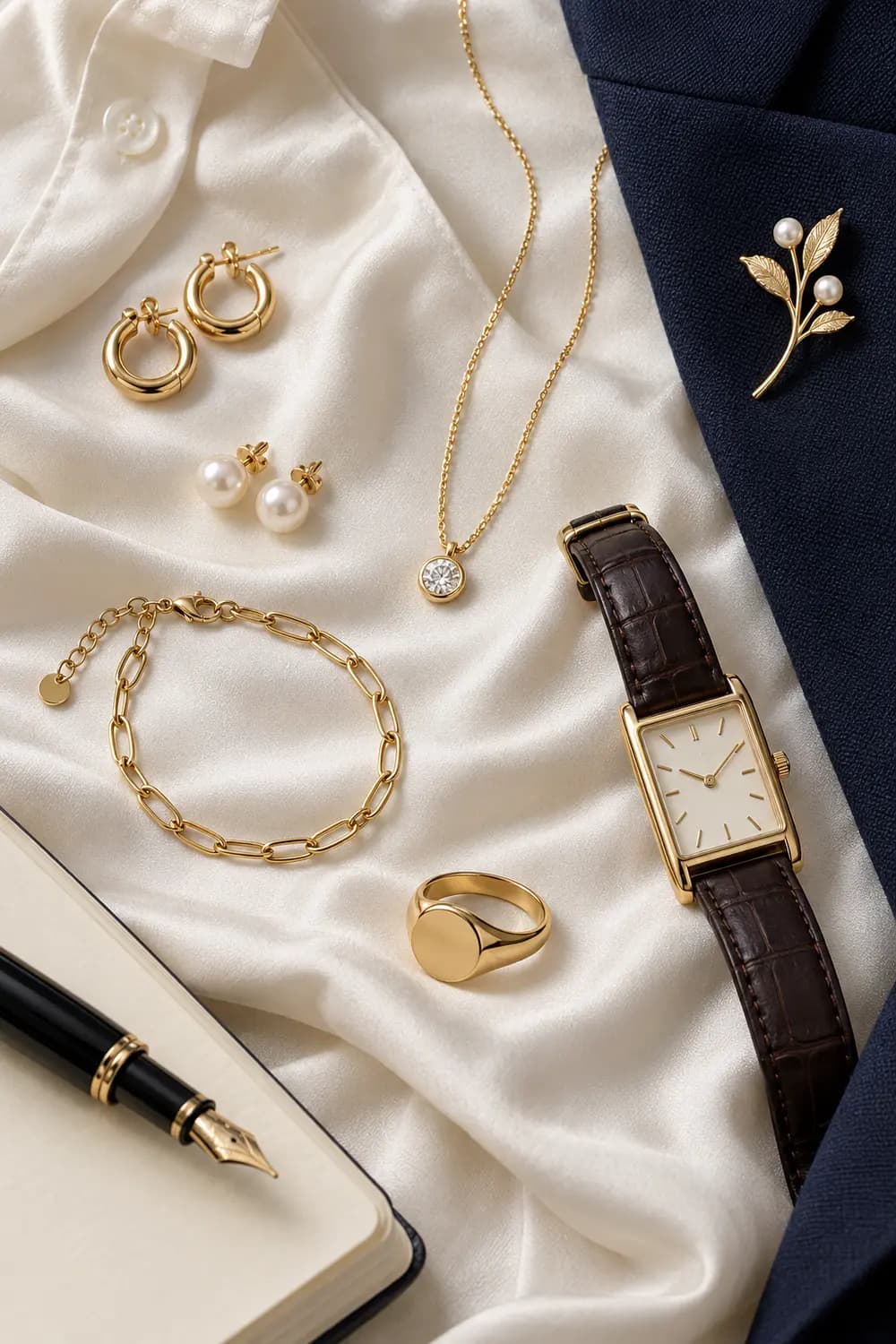 Seven-piece office jewellery capsule arranged on an ivory blouse and navy blazer