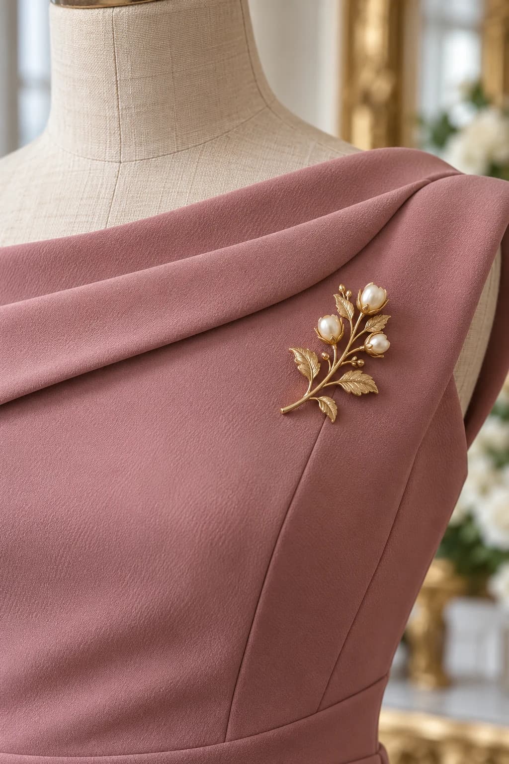 Gold botanical brooch with cream pearl buds near the shoulder of a dusty rose crepe occasion dress