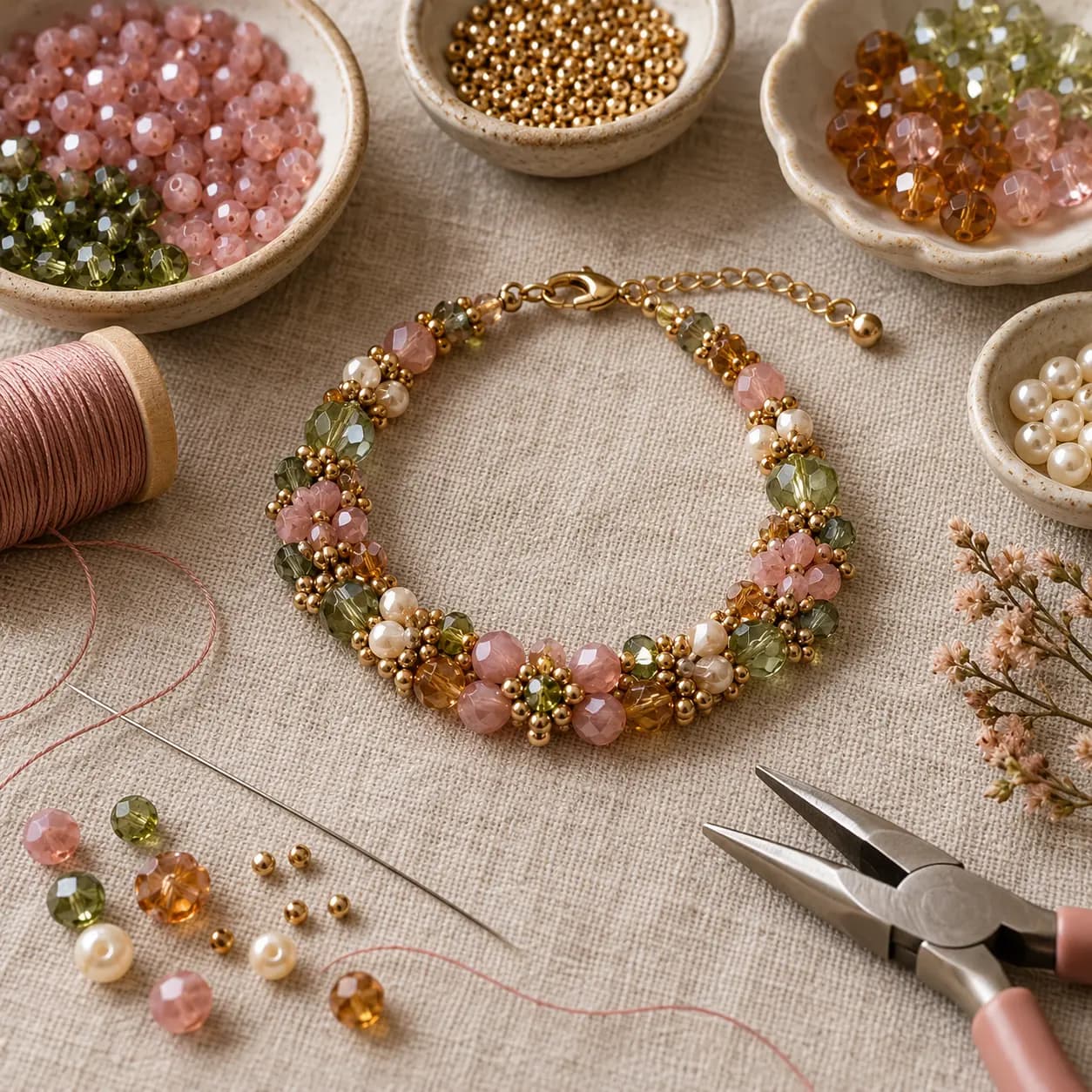 A handmade beaded bracelet with cord and jewellery tools