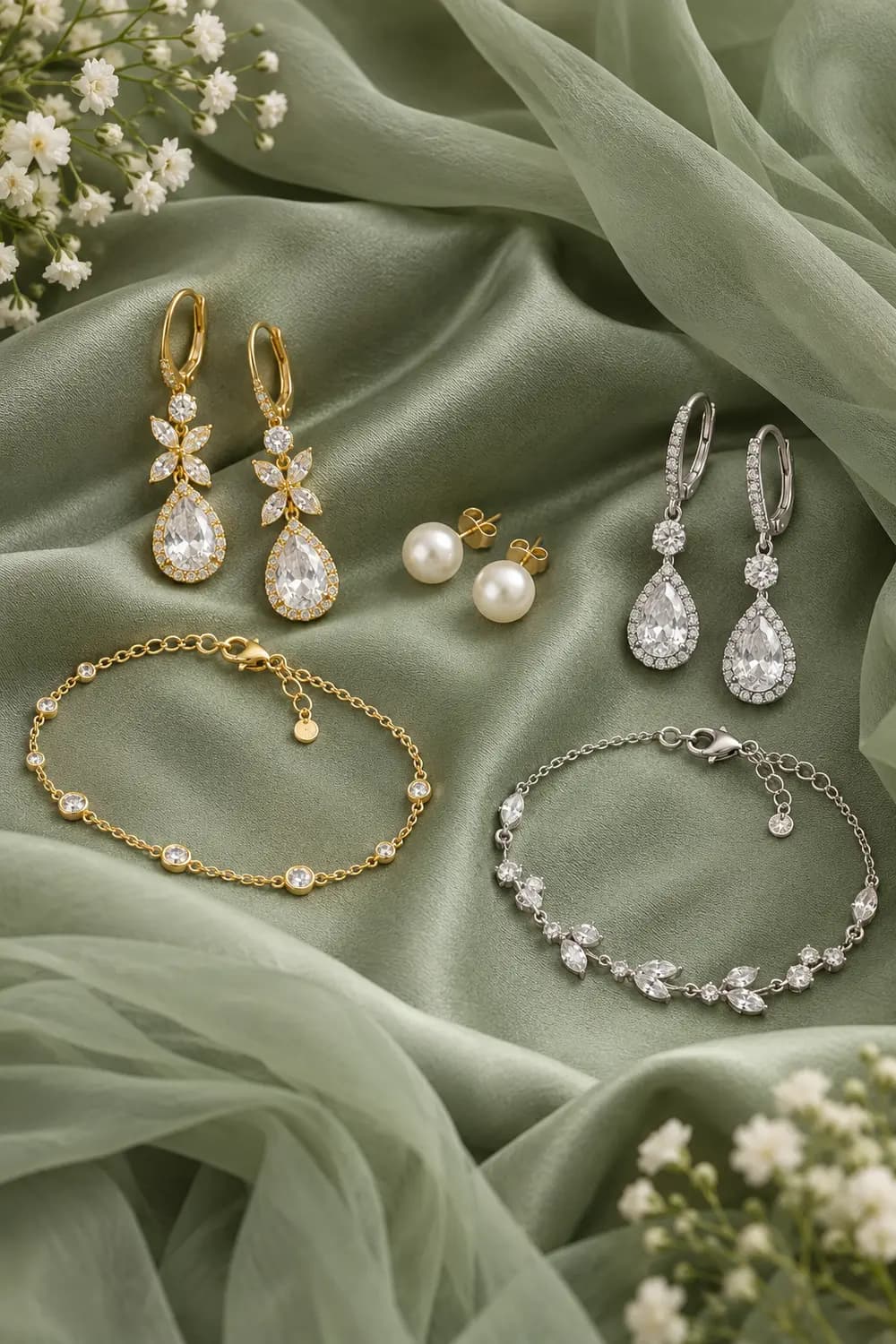 Gold and silver drop earrings and bracelets with pearl studs on sage-green fabric
