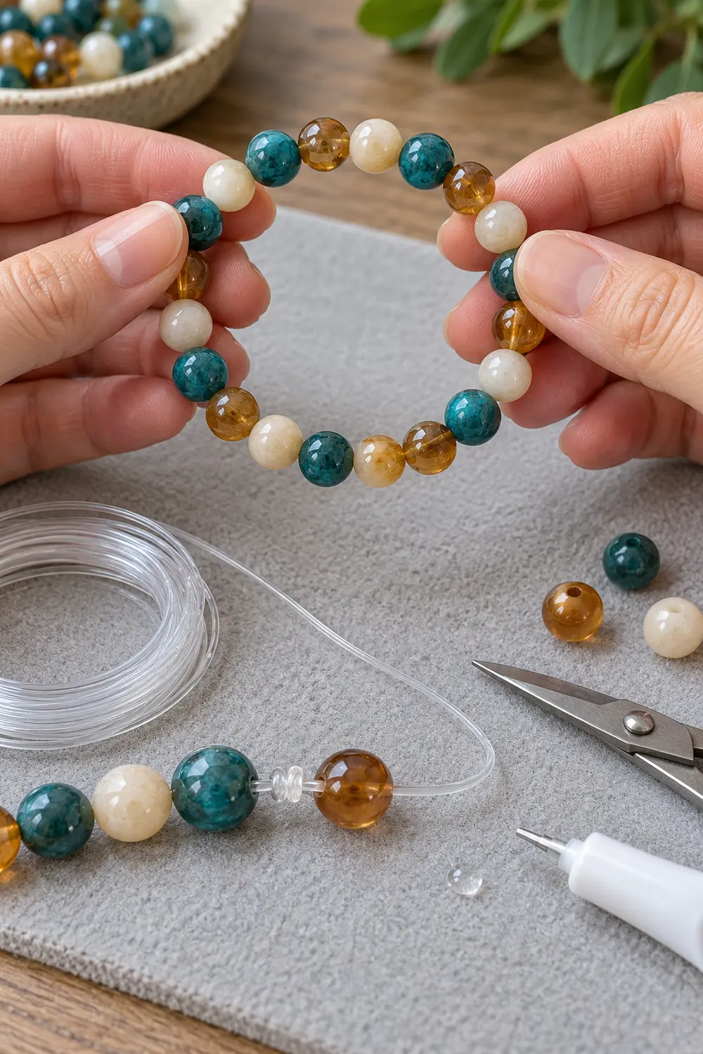 Hands testing a teal, cream and amber stretch bracelet beside elastic cord and a secure knot