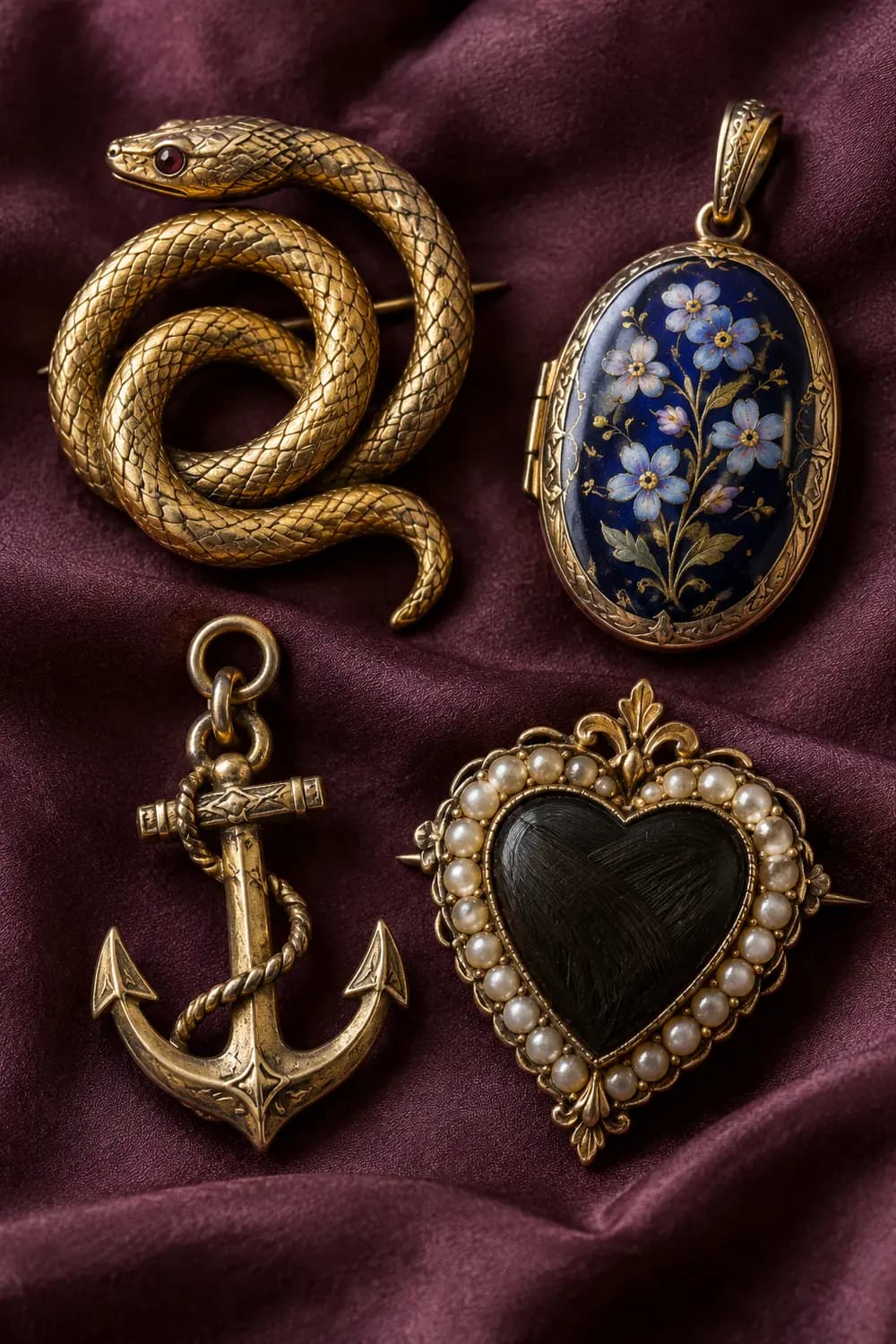Victorian-style snake, forget-me-not locket, anchor and seed-pearl mourning heart on plum silk
